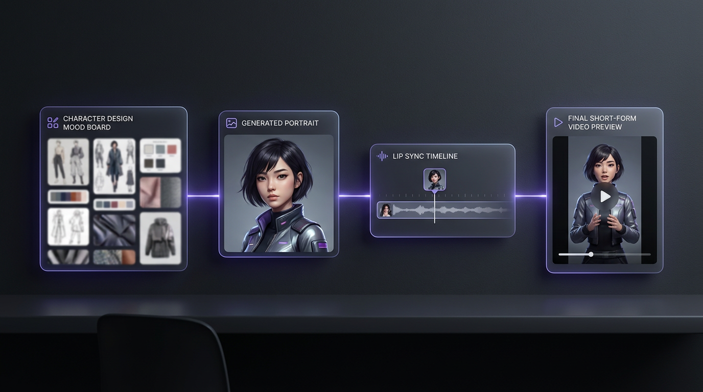 AI Avatar Generator Workflow, der Charakterdesign, Bildgenerierung, Lippen-Synchronisation und Kurzvideo-Ausgabe zeigt