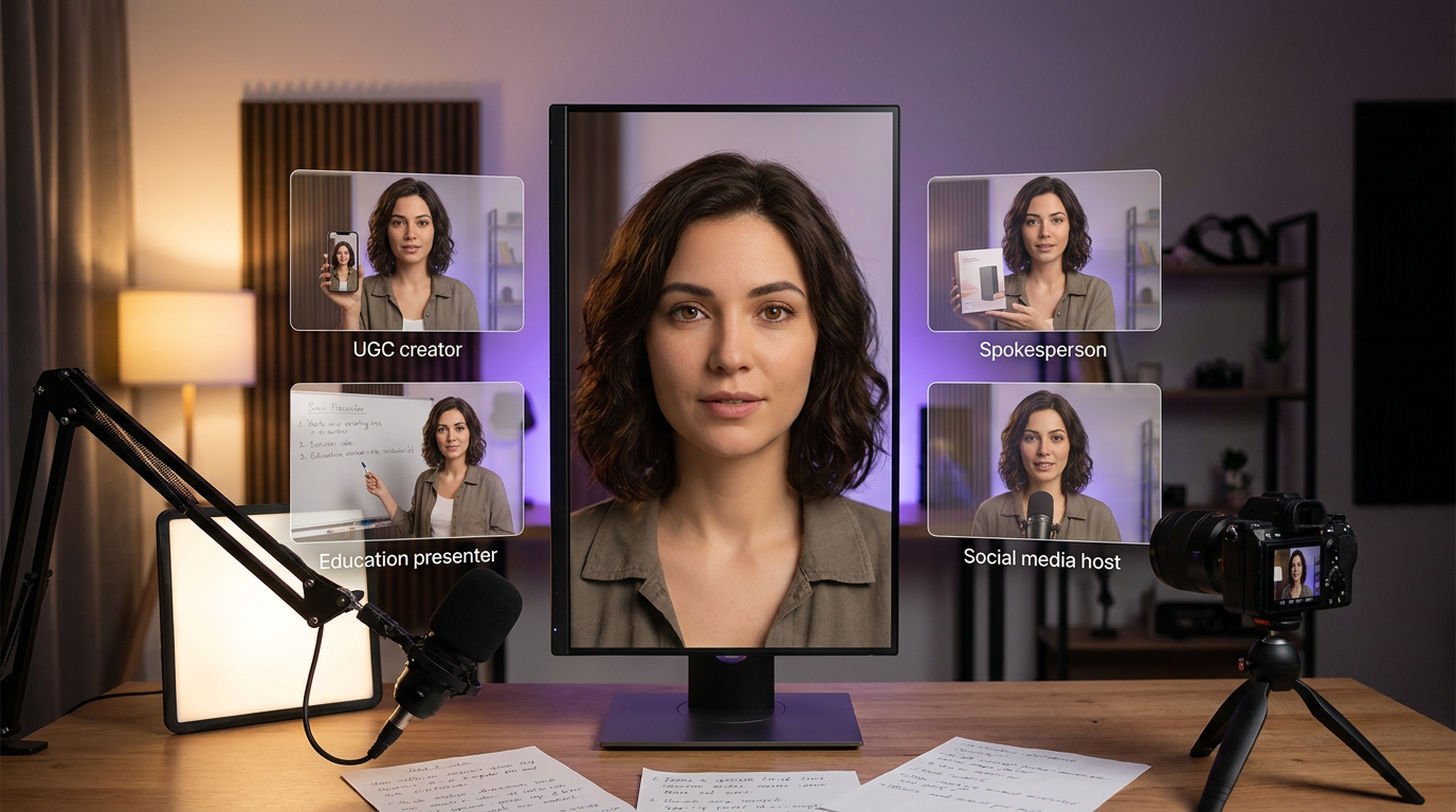 AI avatar guide hero showing a realistic talking avatar studio workflow
