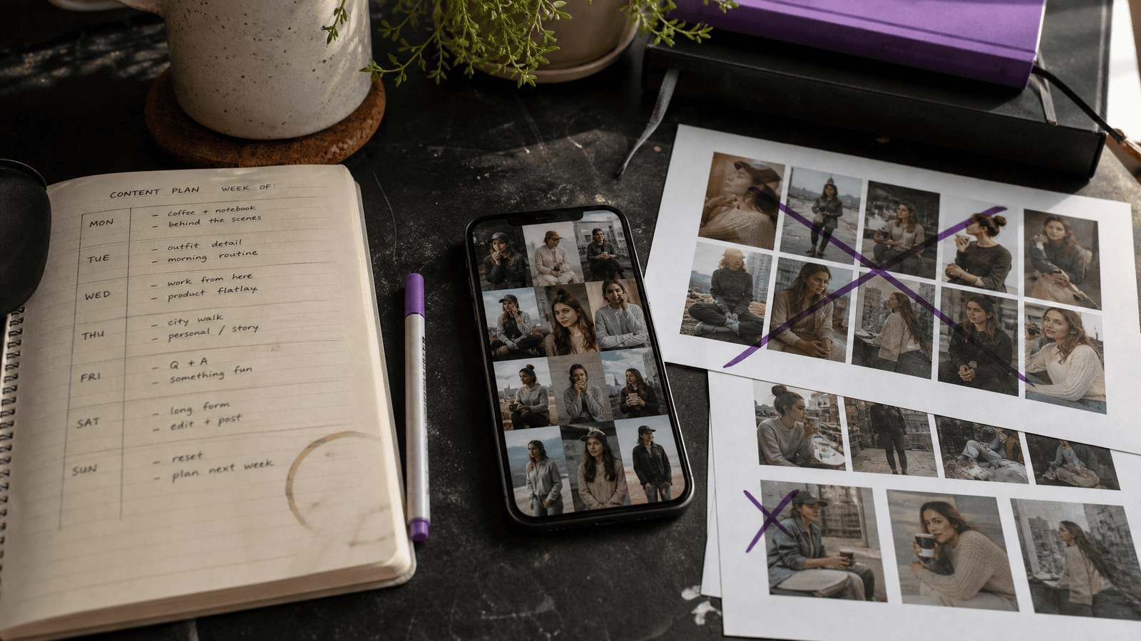 A real content-planning desk with a weekly notebook, phone grid, and rejected image proofs