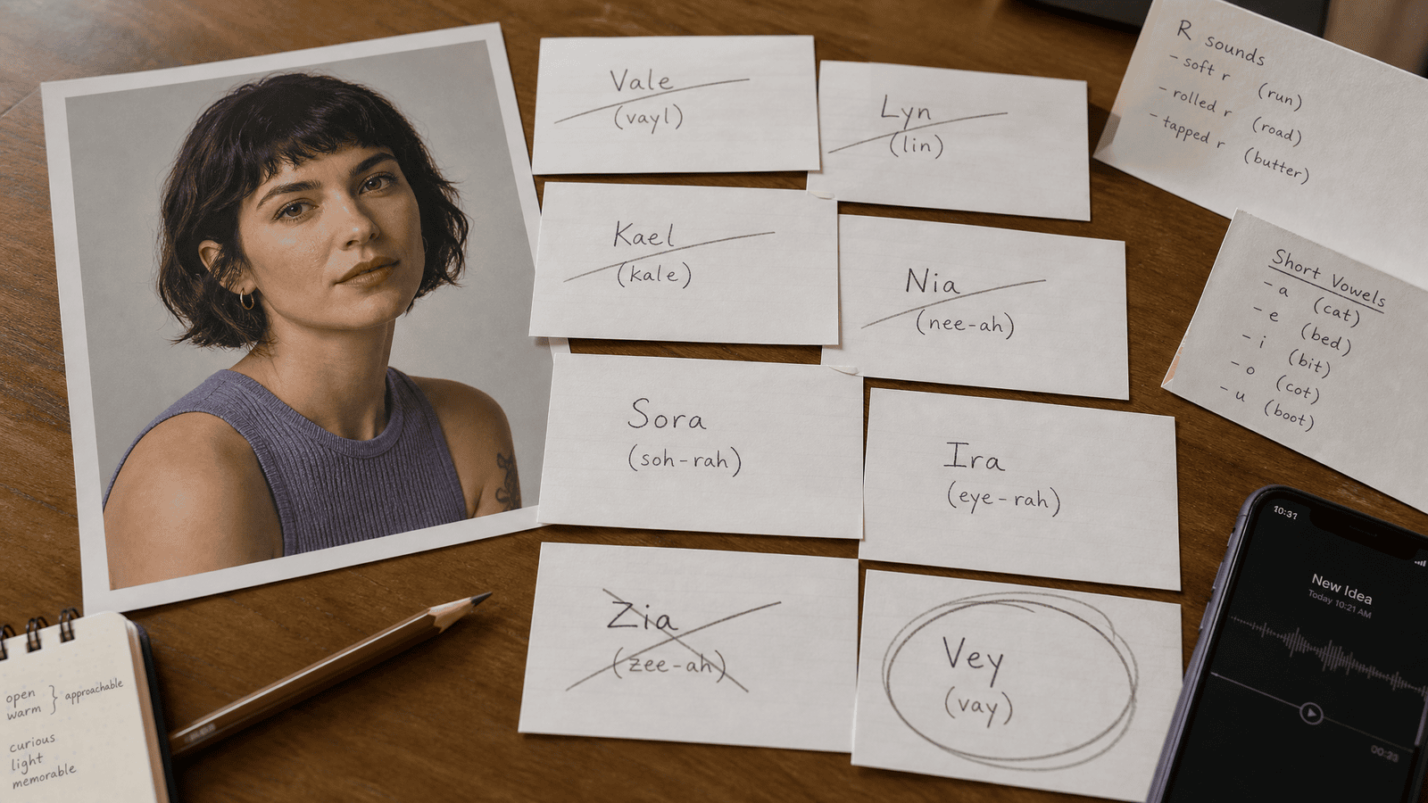 A naming session for a virtual creator, with a shortlist and pronunciation notes