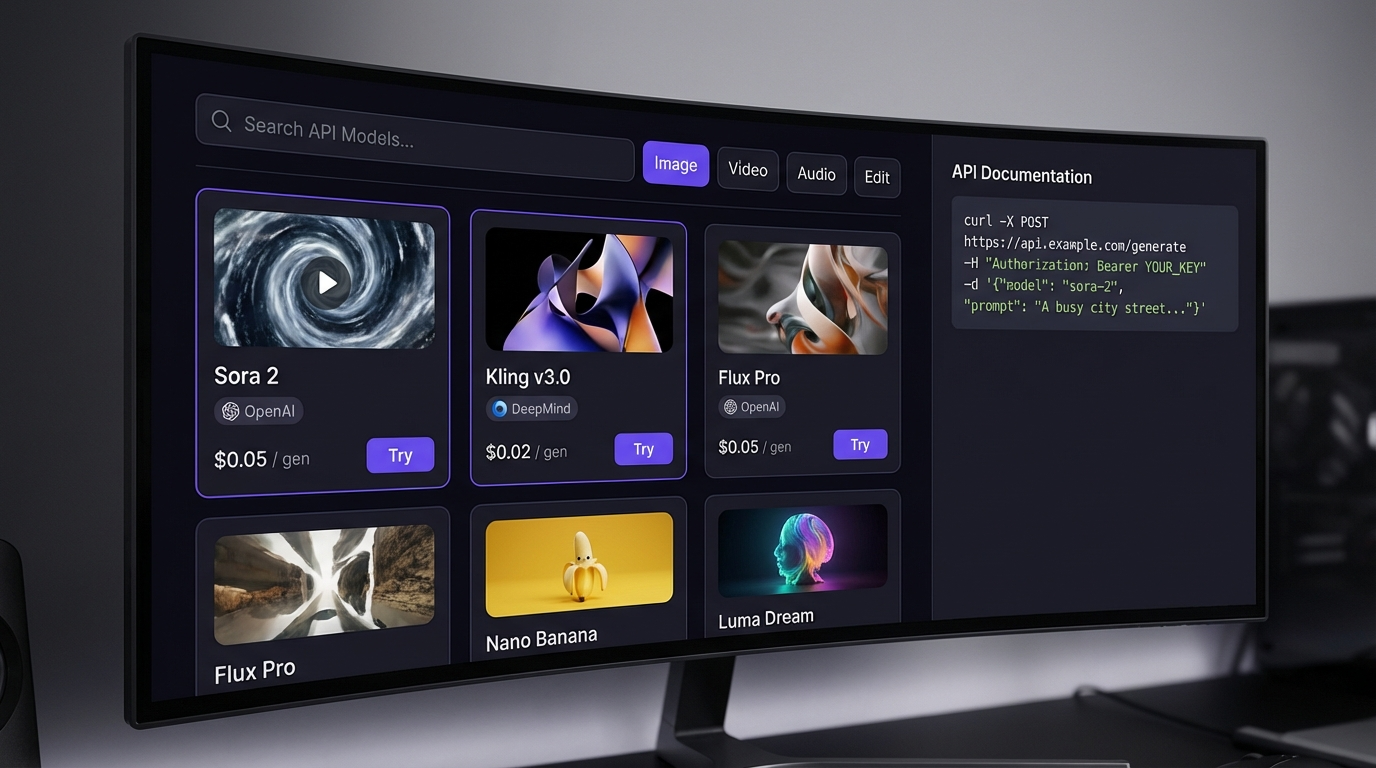 API marketplace interface showing available AI models with unified access and pricing
