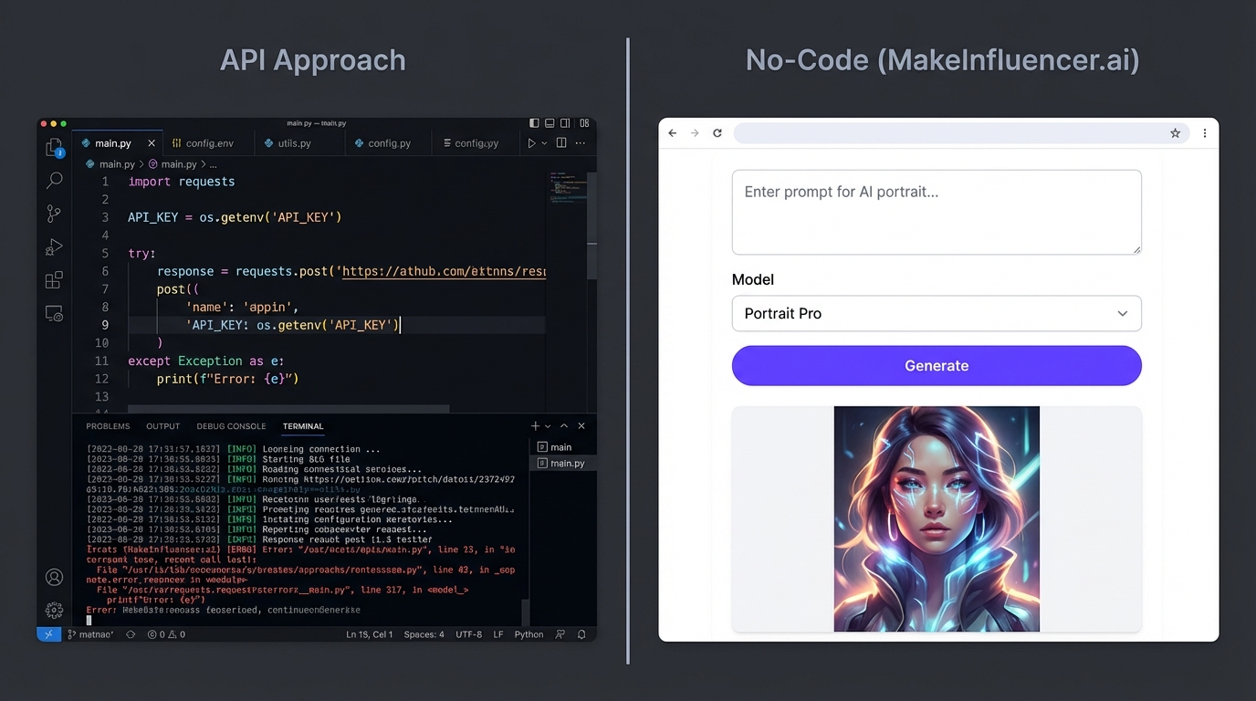 Comparison of no-code platform versus raw API access for AI media generation workflows