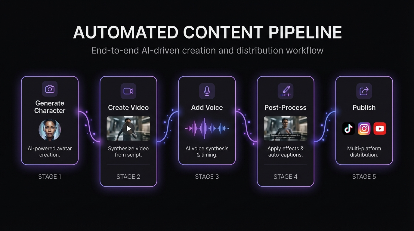 Automated AI content pipeline architecture showing the flow from image generation to video creation to social media publishing