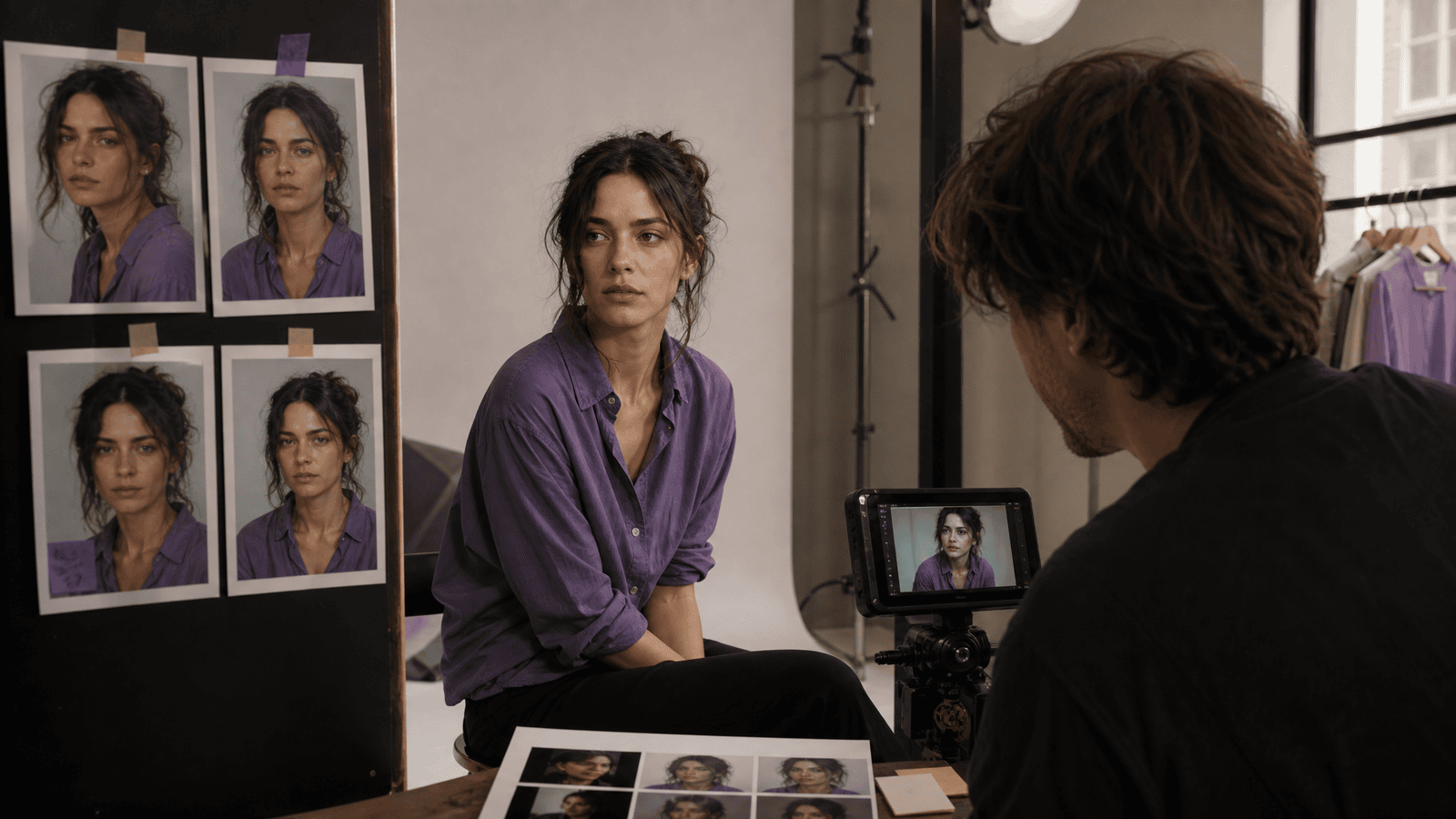 An adult virtual model and a creative team reviewing a consistent portrait set
