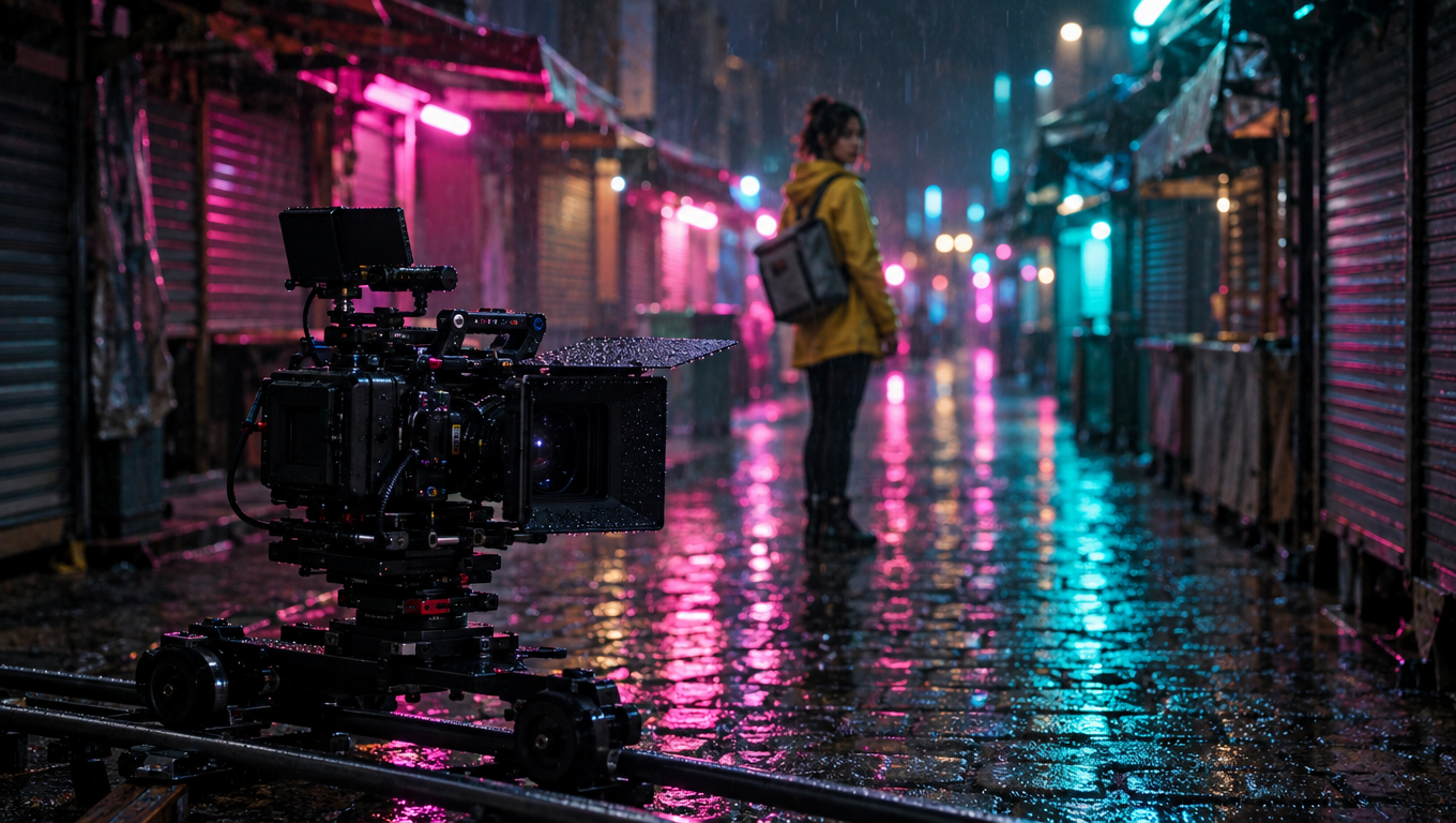A cinema camera on a slider dolly on a rain-wet street at night, with a soft-focus figure in a yellow jacket in the background