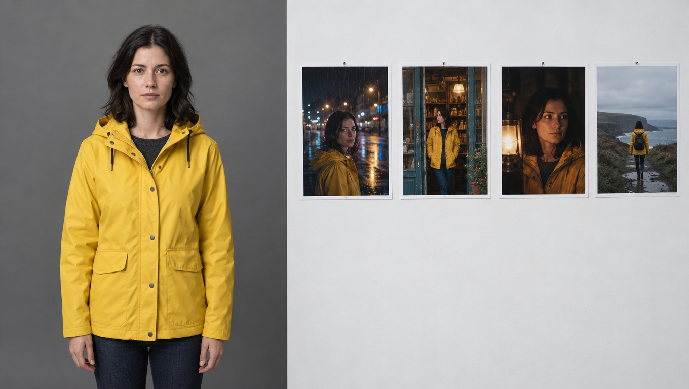 A clean character reference setup: one adult model photographed front-on in soft studio light next to printed frames of the same person in different scenes