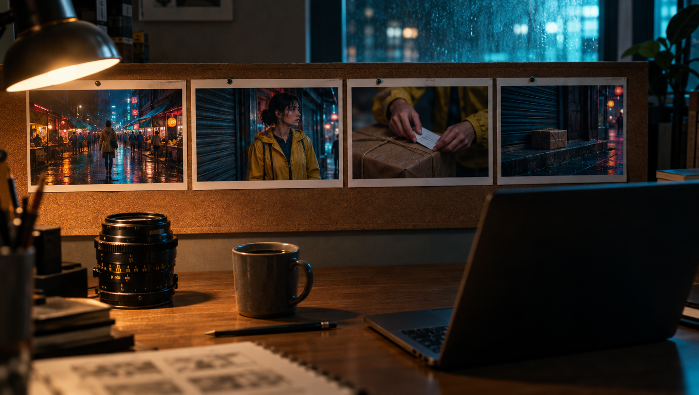 A film director's desk with a row of printed cinematic storyboard frames, a camera lens and a laptop showing a video timeline