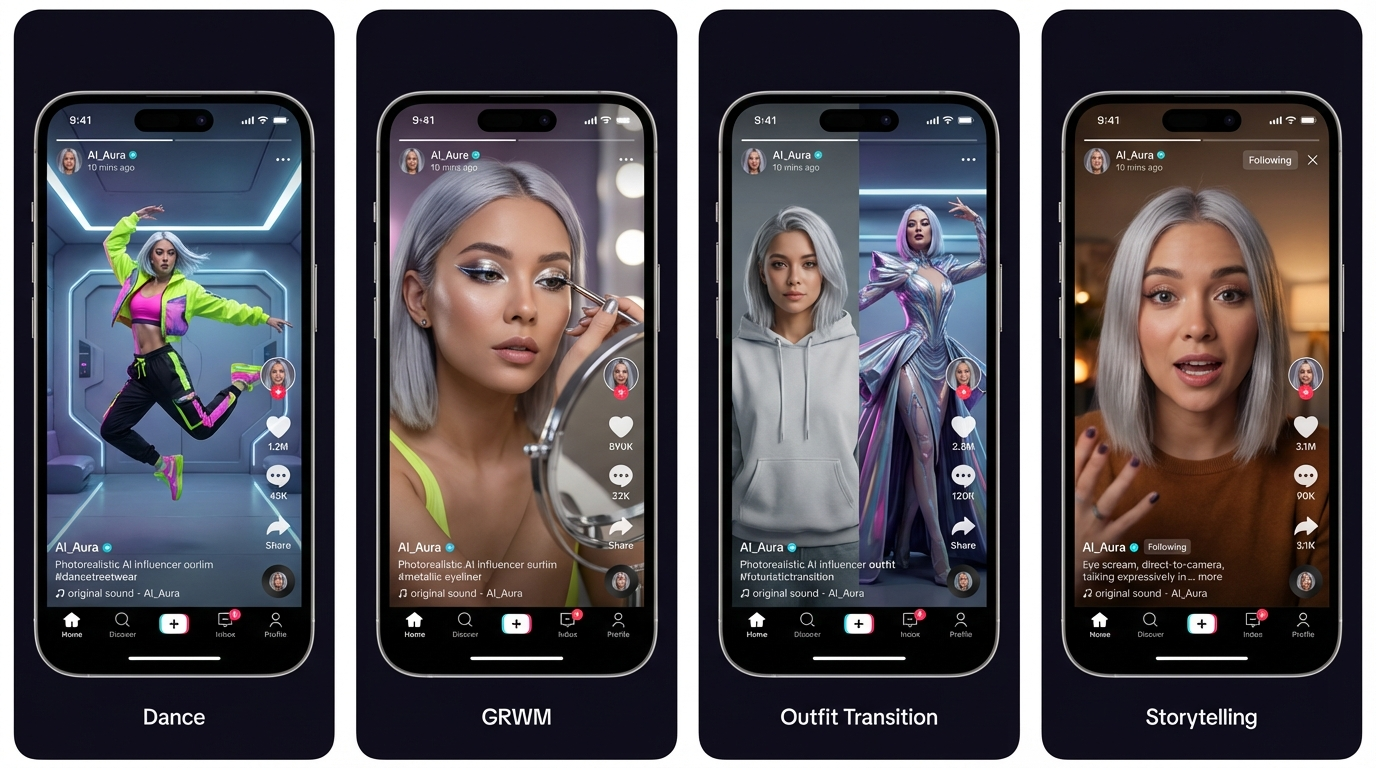 바이럴 형식과 AI 생성 영상을 보여주는 AI 트렌딩 TikTok 콘텐츠 예시