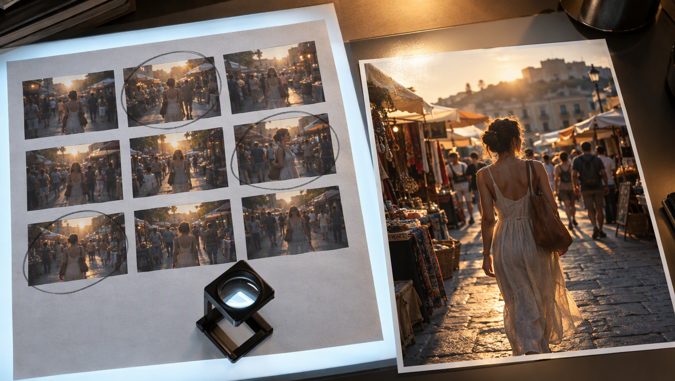 Rows of small low-resolution draft video frames on a contact sheet beside one large sharp final frame of the same scene