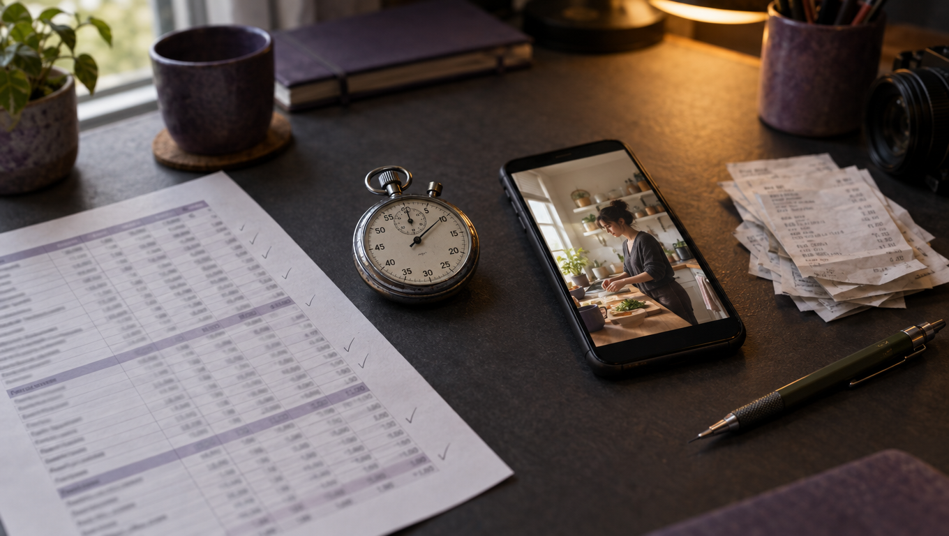 A producer's desk with a printed per-second cost sheet, a stopwatch and a phone showing a vertical video frame