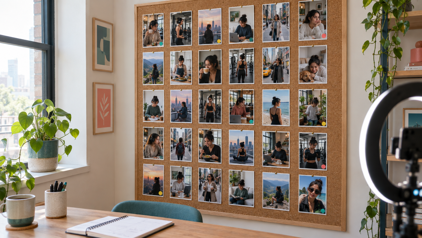 A wall calendar grid with thirty small printed vertical video stills pinned to it, one per day, in a creator's workspace