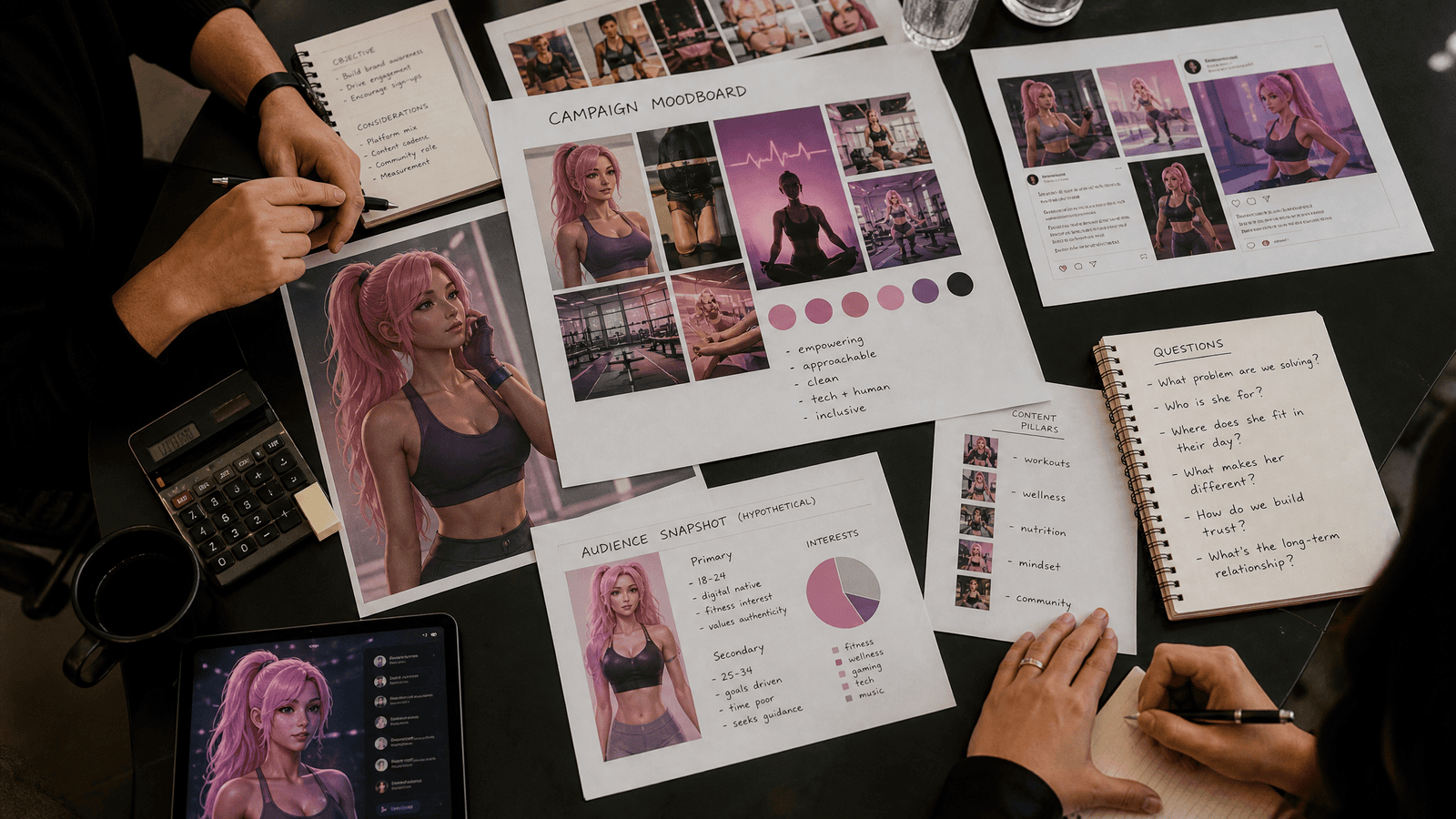 An agency worktable reviewing a pink-haired virtual fitness creator as a business case