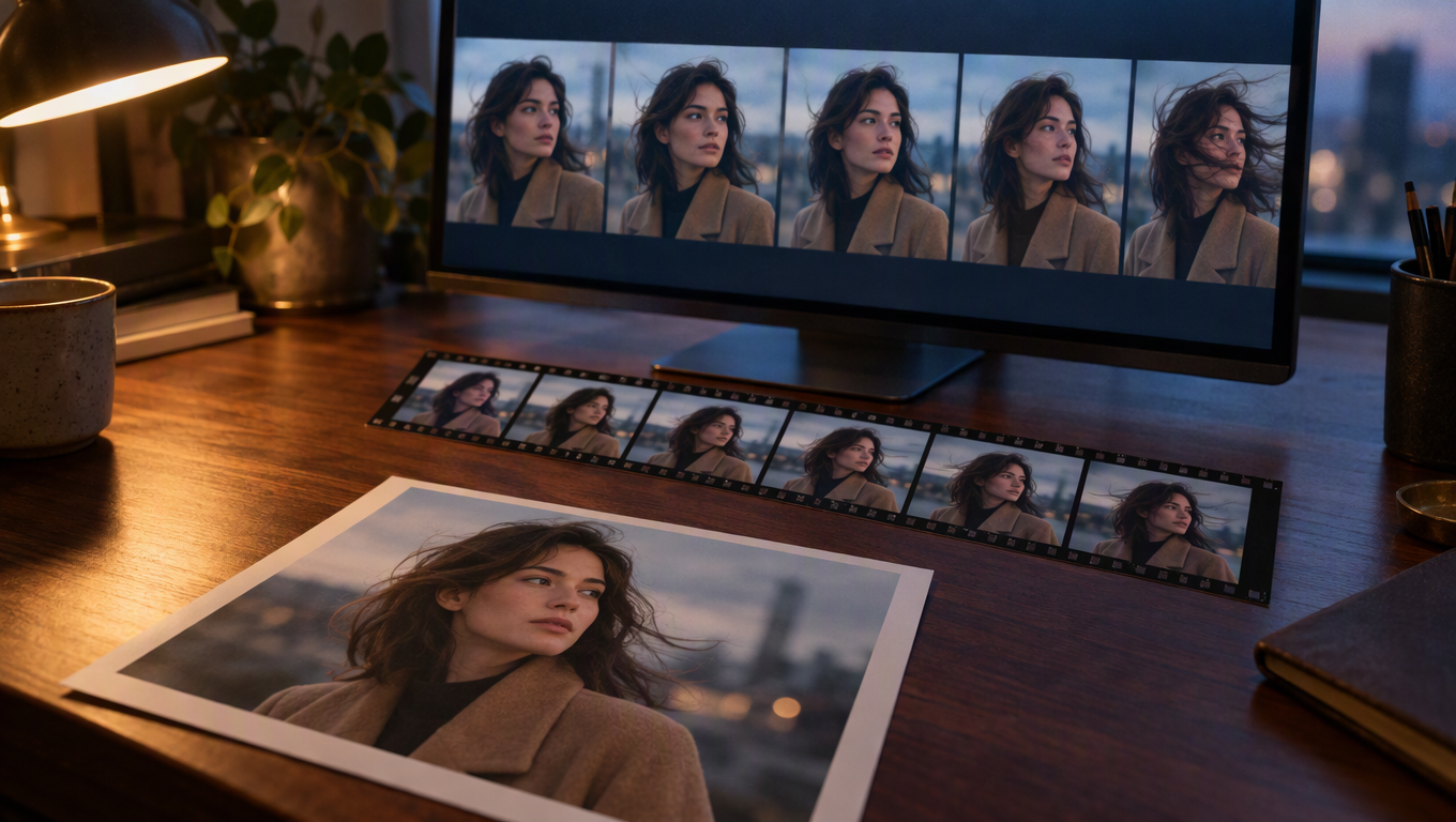 Uma fotografia de retrato impressa em uma mesa ao lado de um monitor mostrando o mesmo quadro animado como uma sequência de vídeo
