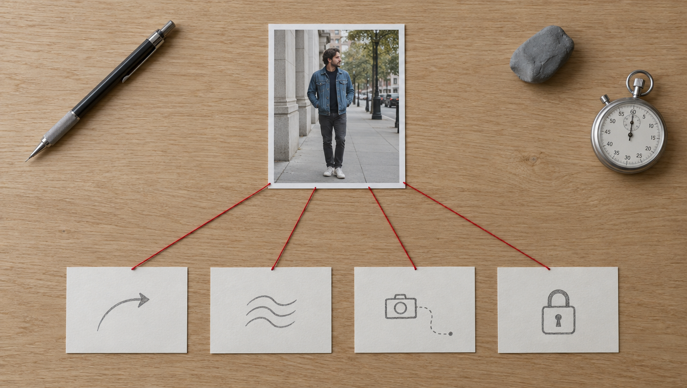 Anatomia de um prompt de movimento de imagem para vídeo mostrada como cartões de índice anotados ao lado de um quadro inicial impresso