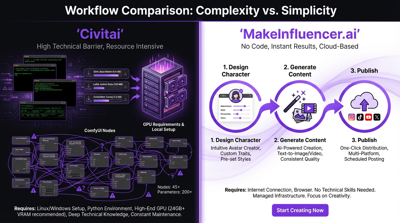 Platform comparison between Civitai model downloads and MakeInfluencer.ai one-click generation workflow