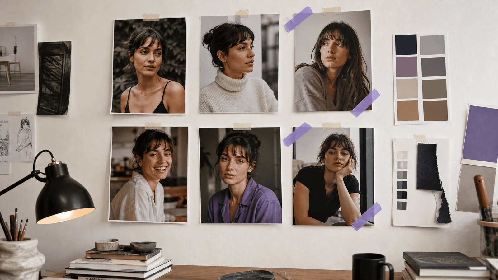 A studio wall reviewing the same virtual character across different scenes and expressions