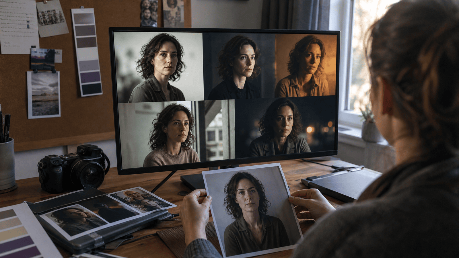 A creator comparing one source portrait with a consistent set of generated character references