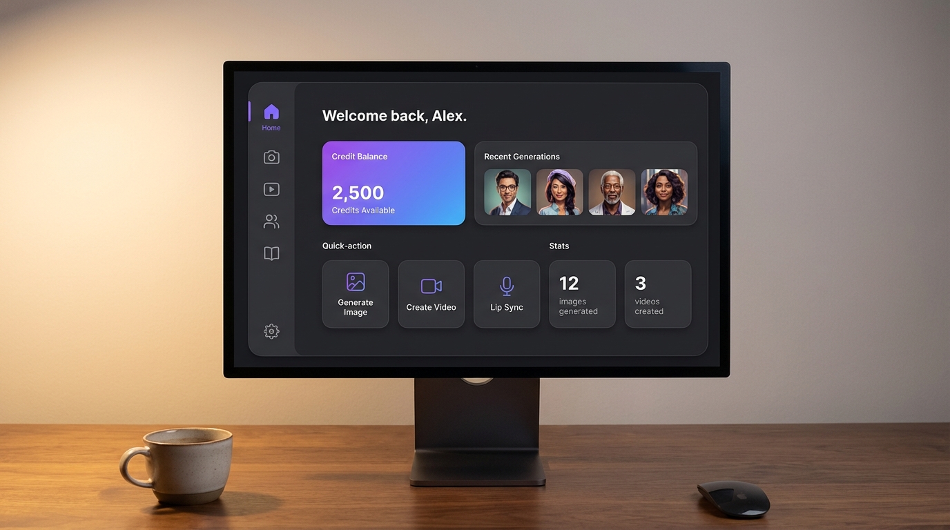 Complete AI influencer dashboard overview with all creation tools and content library