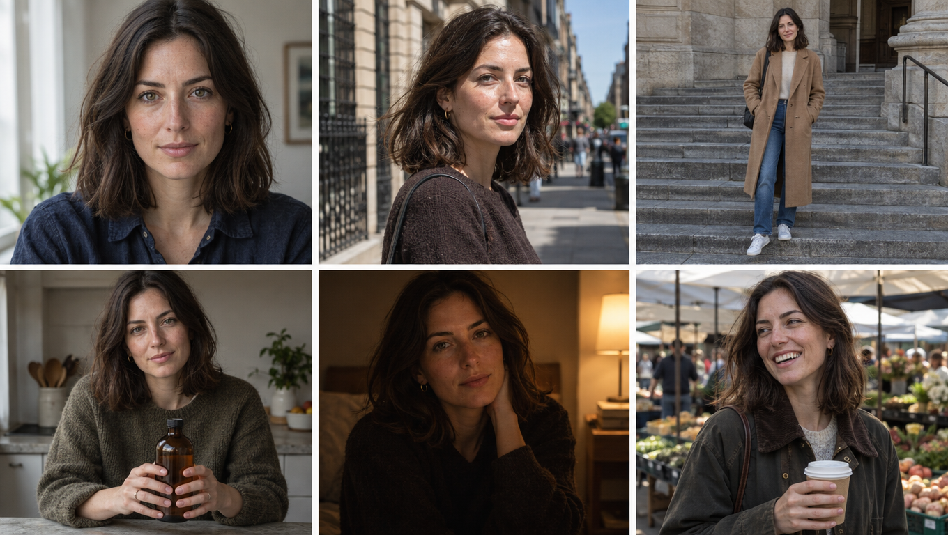 Sechs Fotos desselben fiktiven erwachsenen Characters in verschiedenen Situationen, verwendet als Identitäts-Stresstest