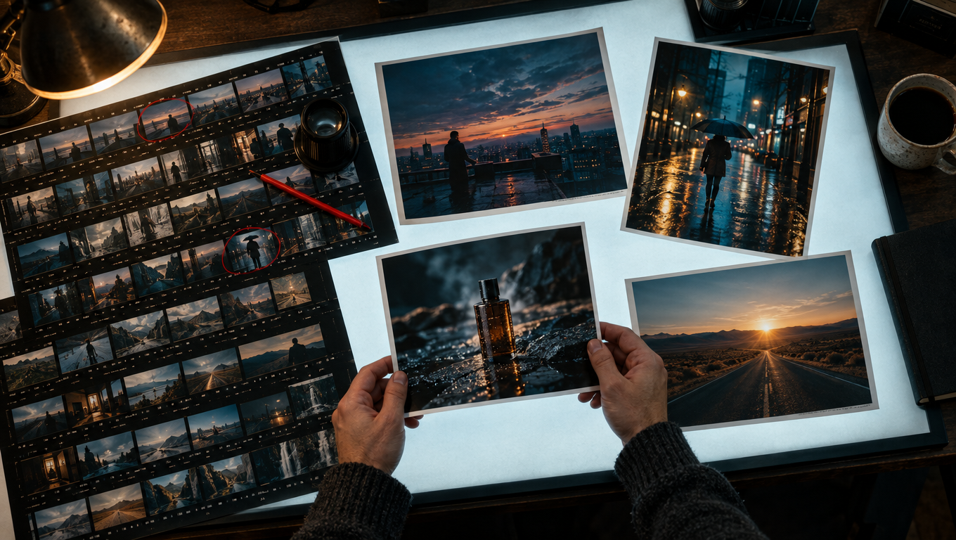 Ausgedruckte Storyboard-Frames und Kontaktbögen, verteilt auf einem Leuchttisch bei der Prüfung einer Shortlist