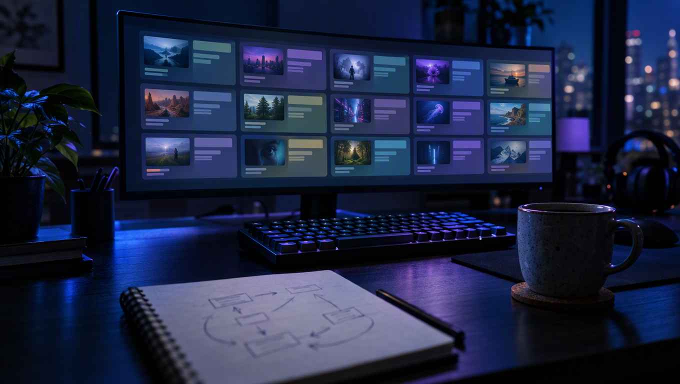 Un monitor de desarrollador con una cola de trabajos abstracta y miniaturas de fotogramas de video generados, con un cuaderno y un café sobre la mesa