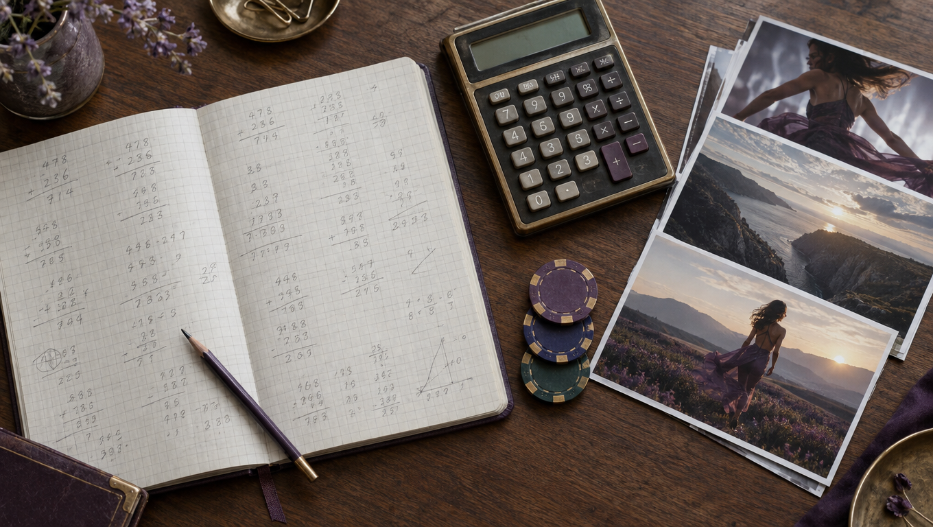Un cuaderno con cuentas de créditos escritas a mano junto a una calculadora y una pila de fotogramas de video impresos