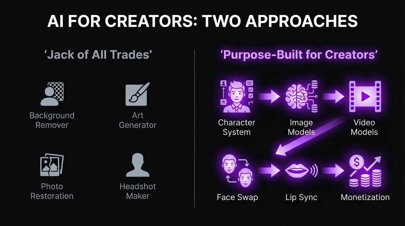 Specialist AI content creation platform compared to generalist utility tools like Hotpot AI for building AI influencer brands