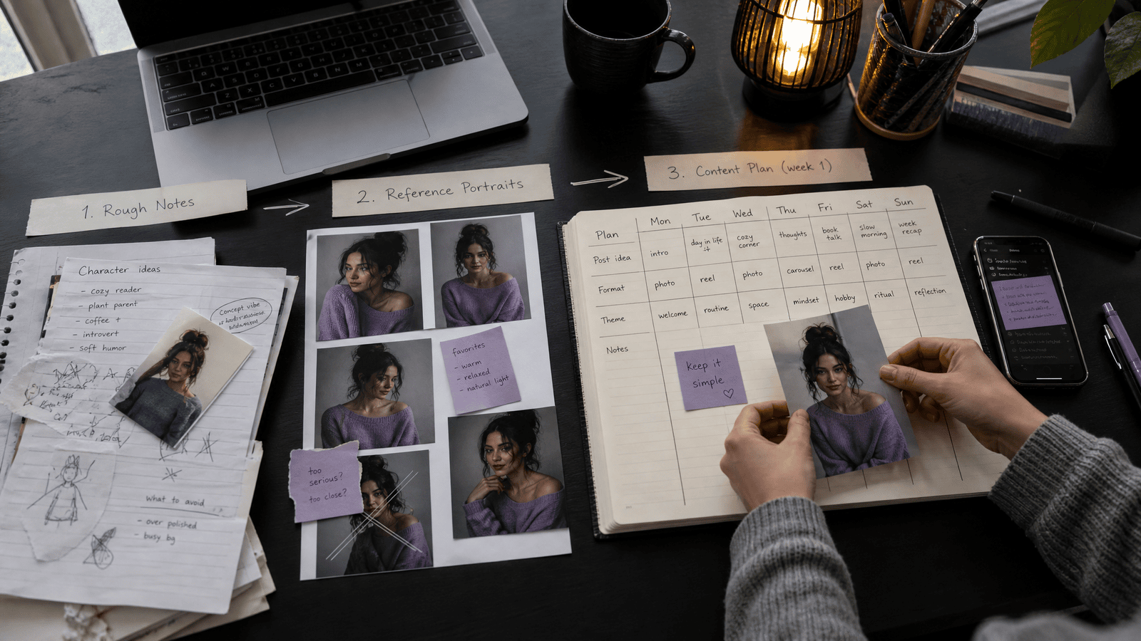A first-week production table moving from rough character notes to reference portraits and a simple content plan