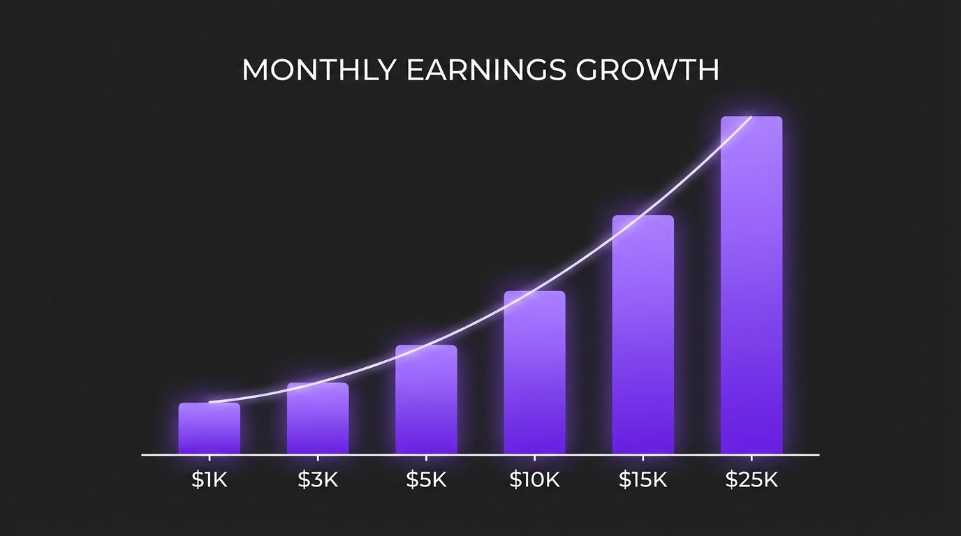 AI influencer earnings chart showing monthly revenue growth over 6 months