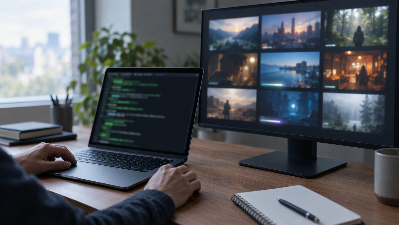 Close-up of a laptop and a second monitor on a clean desk, one showing a terminal and the other a grid of video thumbnails rendering
