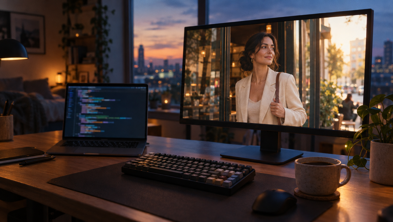 A developer workstation at dusk with a code editor and a large monitor playing a cinematic video clip of a presenter in a sunlit street