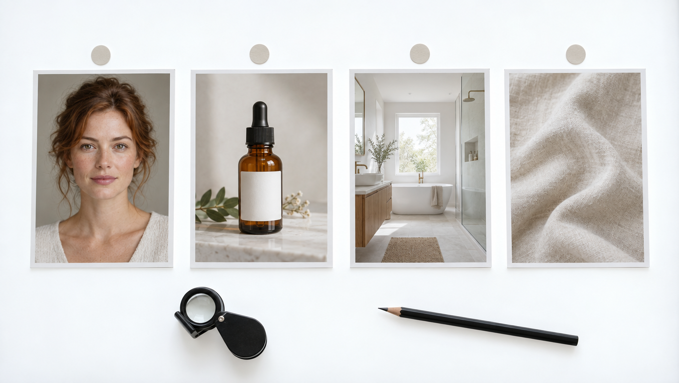 A flat-lay of printed reference photos on a light table: an adult model portrait, a product bottle, a kitchen interior and a fabric swatch, arranged in a numbered row without visible text