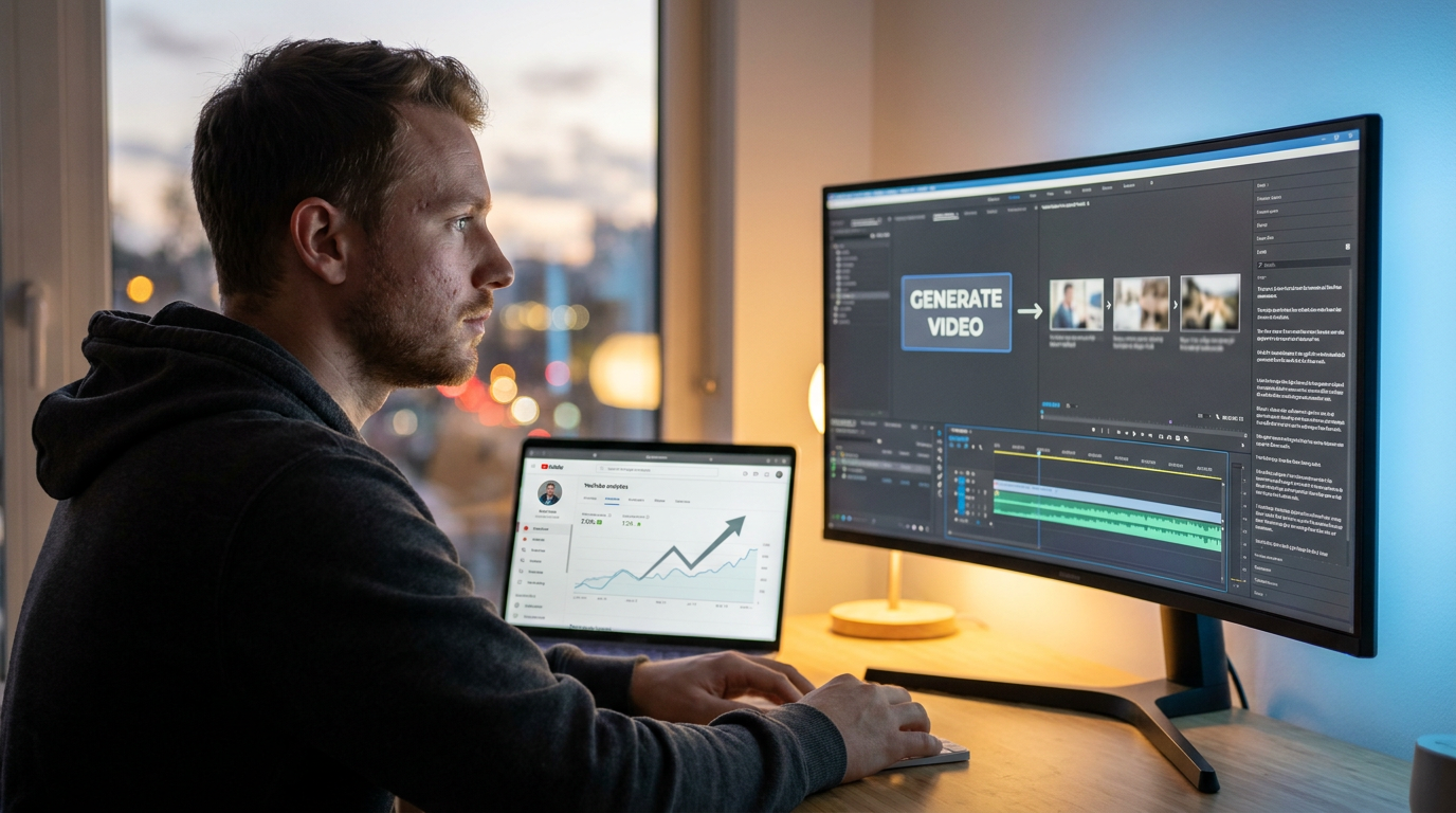 Faceless YouTube automation workspace showing AI generating a finished short from a single topic prompt