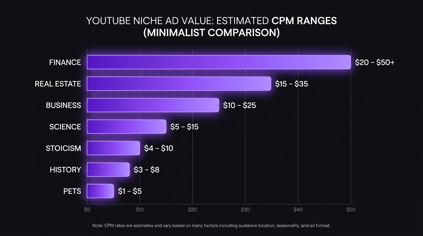 Faceless channel niche comparison showing CPM ranges across finance, stoicism, history, and science