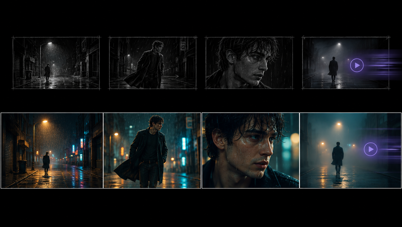 Four storyboard frames drawn by GPT Image 2.5 for the Storyboard to Film template